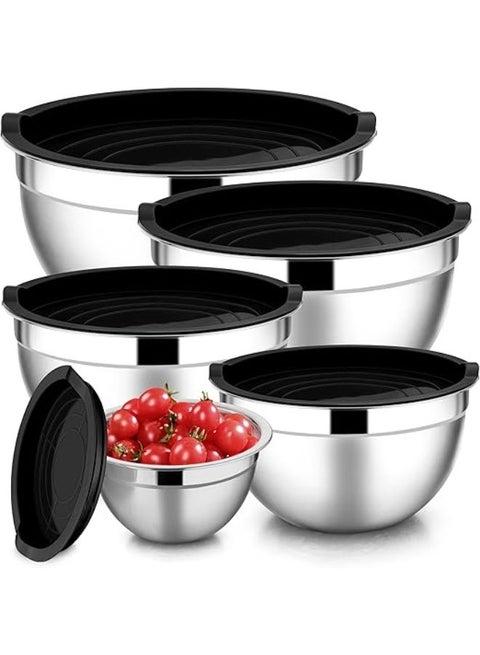 Mixing Bowls with Lids Set of 5, Stainless Steel Black Mixing Bowls Metal Nesting Bowls with Airtight Lids for Cooking, Baking, Serving, Storage - Size 0.7/1/1.5/3/4.5QT - Dishwasher Safe